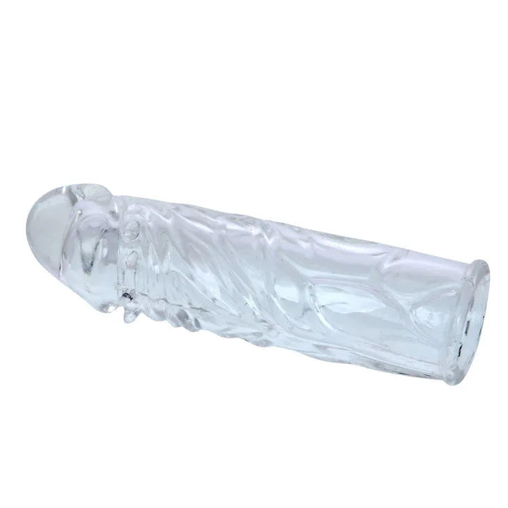 Coque silicone transparente nervurée, extensible, 13cm, stimulation pénis, plaisir intense, design réversible et adaptable.