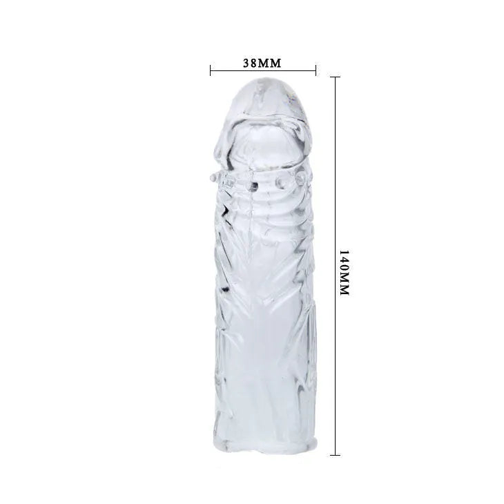 Coque silicone transparente nervurée extensible 13cm, stimulation pénis, plaisir intense, design adaptable et réversible.