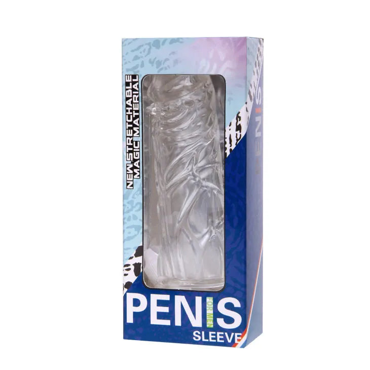 Coque silicone souple transparente nervurée pour stimulation pénis, extensible, dans boîte bleue et blanche.