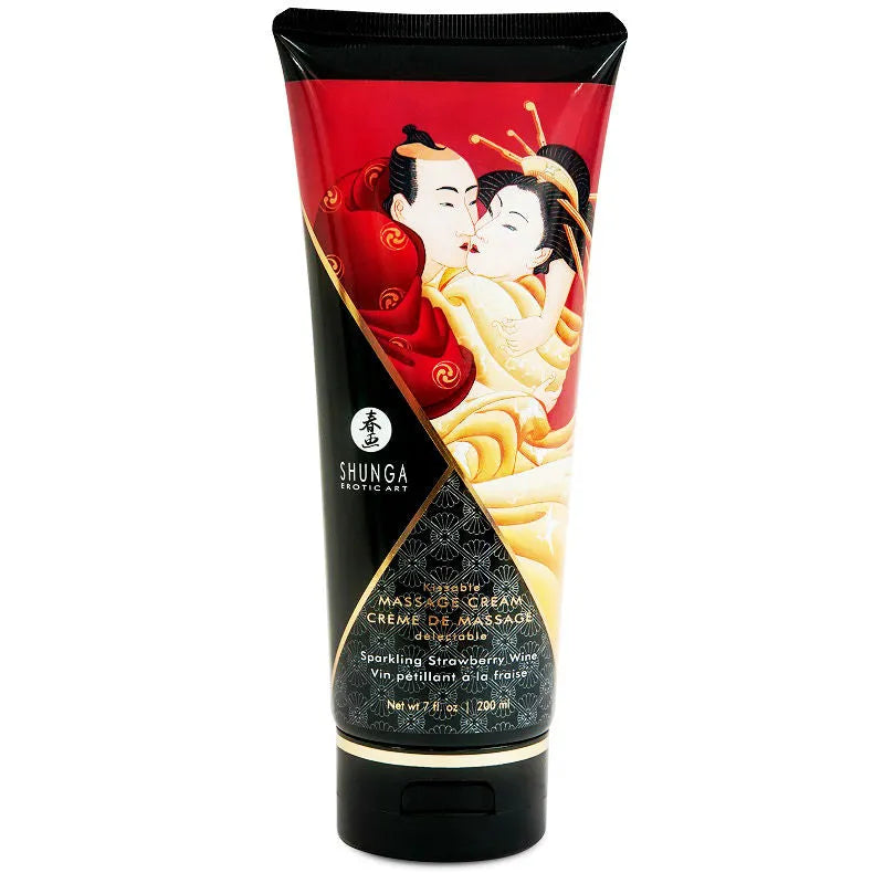 Crème de massage érotique Shunga Fraise et Cava 200ml tube souple design japonais rouge noir or aphrodisiaque sensoriel intimité couple soirée romantique