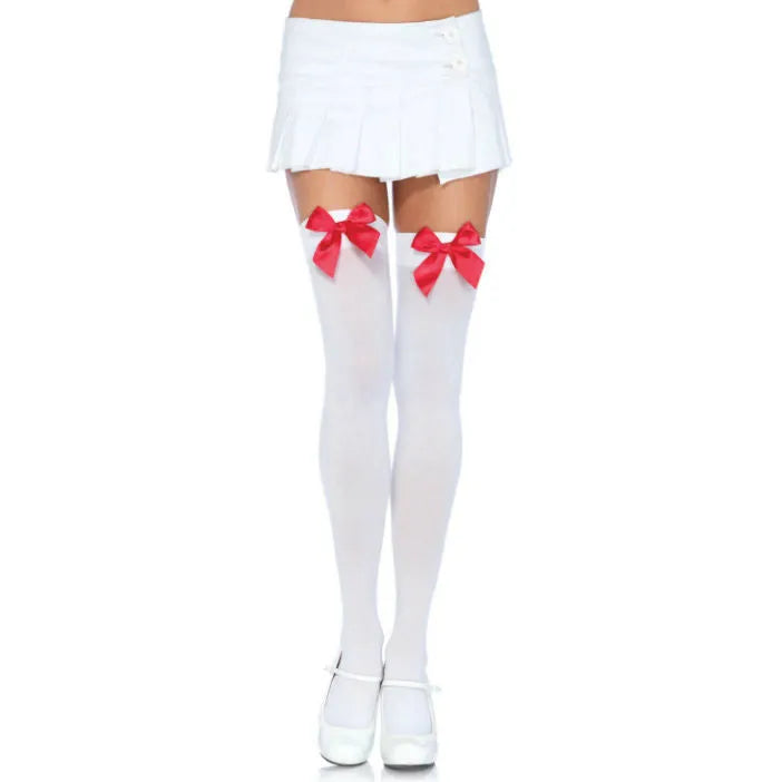 chaussettes hautes nylon polyamide noeud blanc rouge taille unique extensibles confortables élégantes féminines légères résistantes sophistiquées