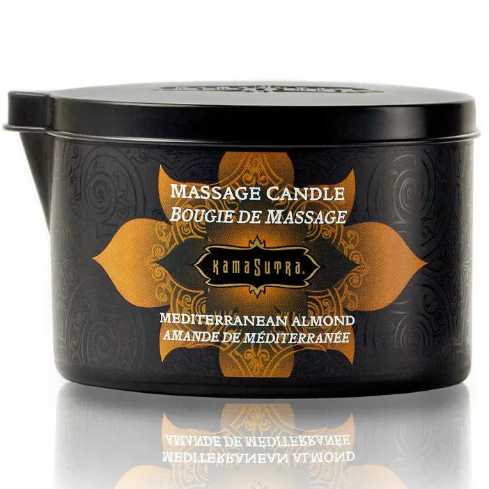 bougie massage amande méditerranéenne sensuelle relaxante hydratante nourrissante tiède parfumée élégante discrète compacte métal noir doré
