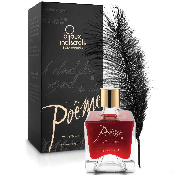 Flacon encre corporelle comestible rouge, capuchon doré, plume noire, design élégant, fraise sauvage, moments intimes.