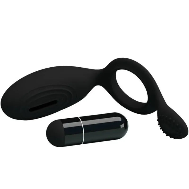 Anneau vibrant noir en silicone texturé avec capsule vibrante, design ergonomique pour stimulation clitoridienne intense.
