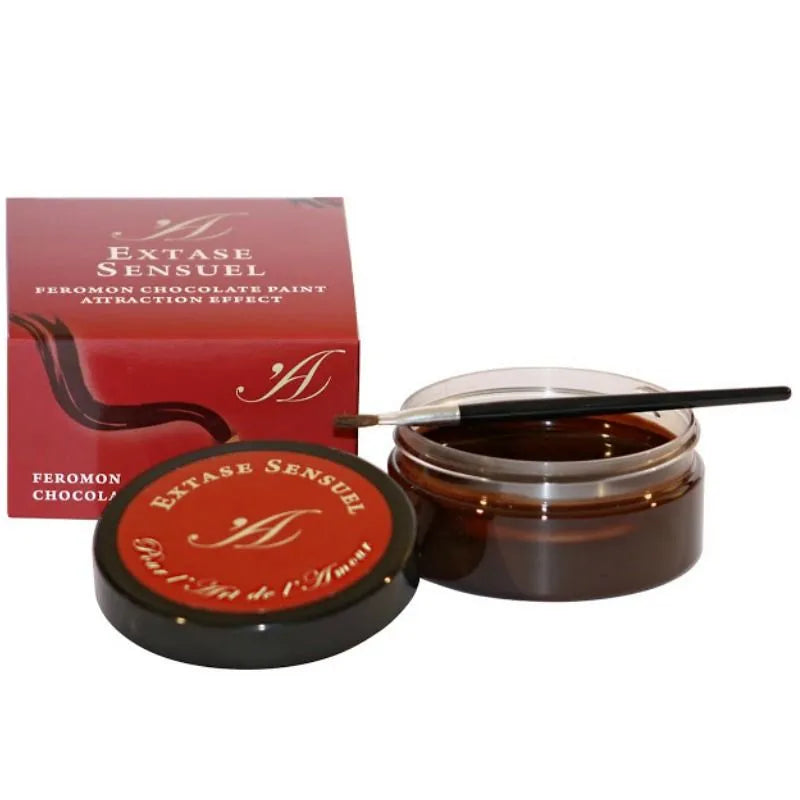 Pot de peinture corporelle au chocolat Extase Sensual avec pinceau, couvercle rouge, idéal pour moments intimes.