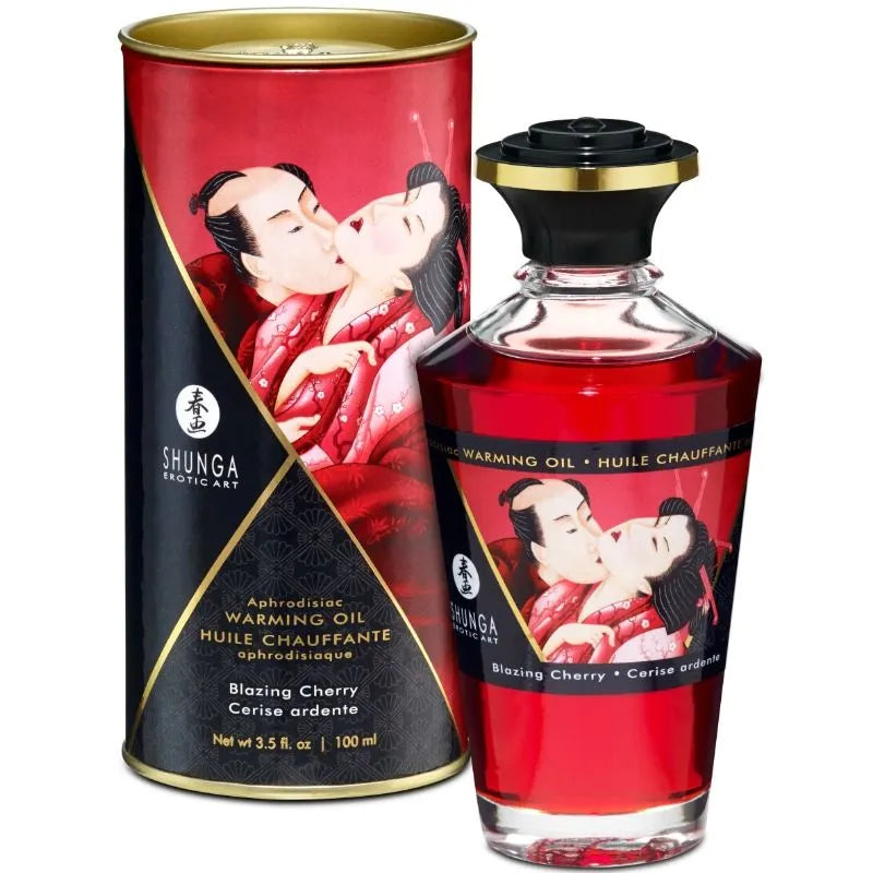 huile massage aphrodisiaque chauffante cerise intense parfum sensuel Shunga art érotique flacon verre conique bouchon noir doré 100ml