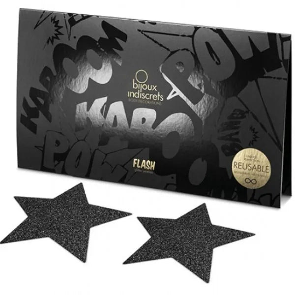 Décorations corporelles paillettes noires en forme d'étoile, réutilisables, sur fond noir avec packaging élégant.