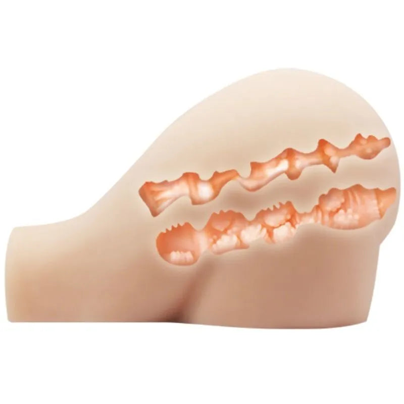 Buste sexuel réaliste beige avec canaux texturés internes, télécommande, matériaux peau synthétique, stimulation vibrante.
