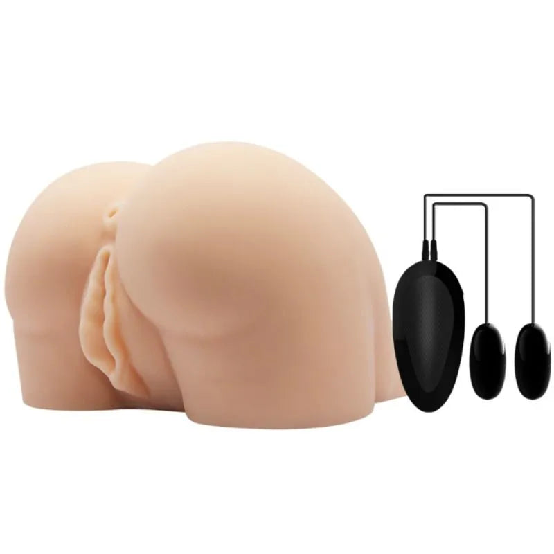 Buste sexuel réaliste couleur chair avec vagin et anus, télécommande noire, matériaux peau synthétique, vibrations.