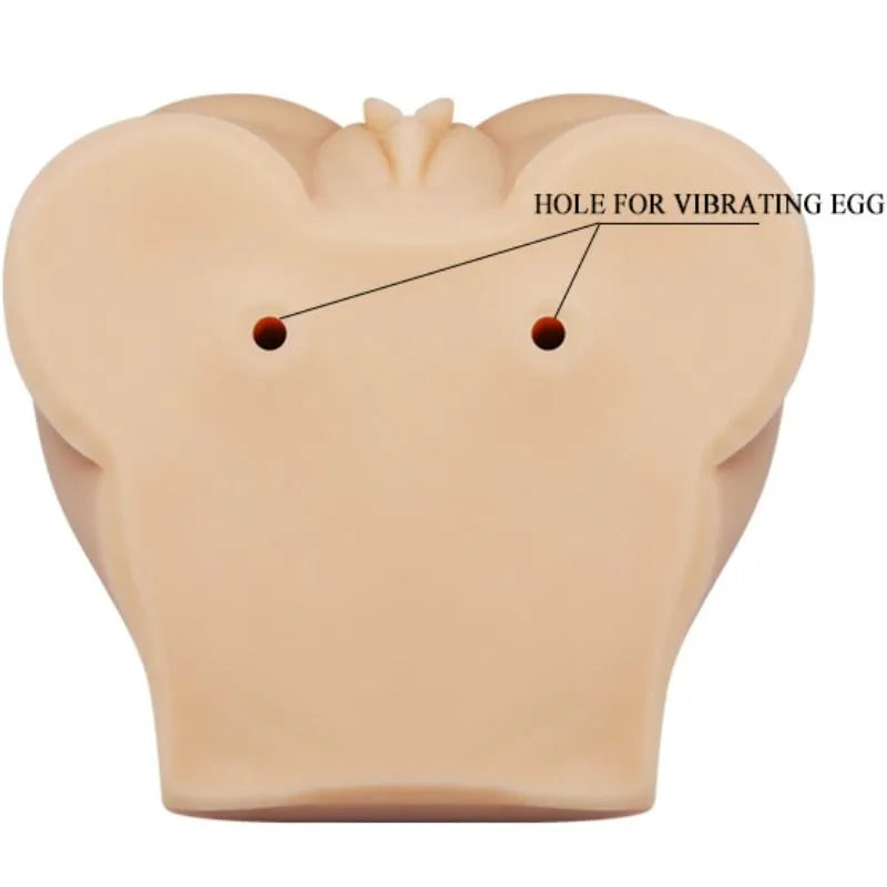 Buste sexuel réaliste beige avec canaux texturés, jambes surélevées, télécommande, matériaux peau synthétique, vibrations.