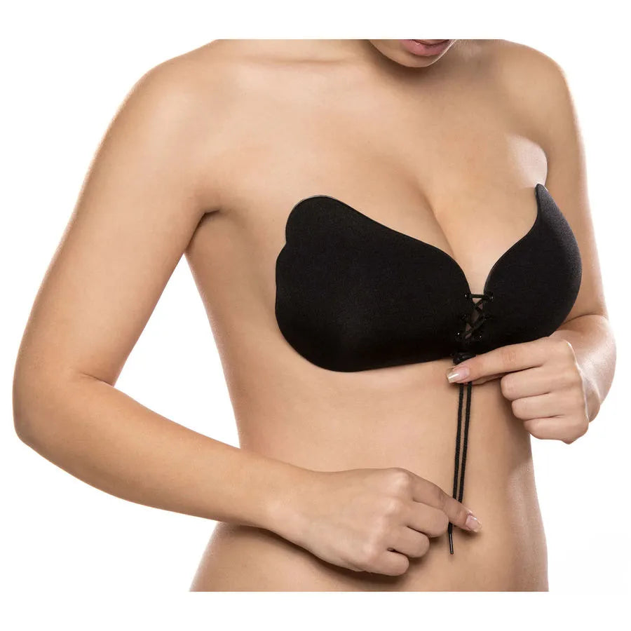 Soutien-gorge push-up noir sans bretelles, dentelle, fermoir ajustable, invisible sous vêtements, maintien optimal.