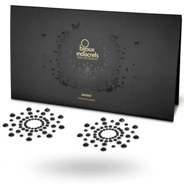 Bijoux Indiscrets Mimi Noir cache-tétons noirs brillants, design raffiné et élégant, accessoire sensuel pour femmes.
