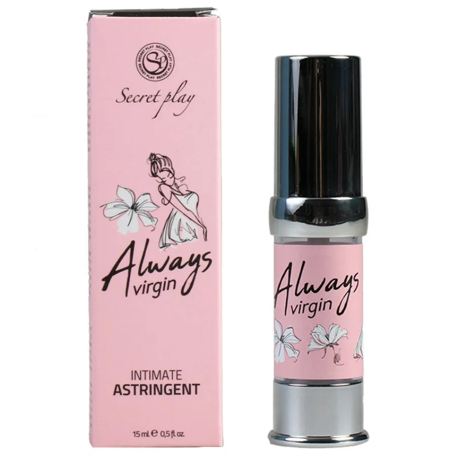 Flacon rose d'astringent intime Always Virgin par Secretplay, 15 ml, avec boßte assortie, ingrédients naturels.