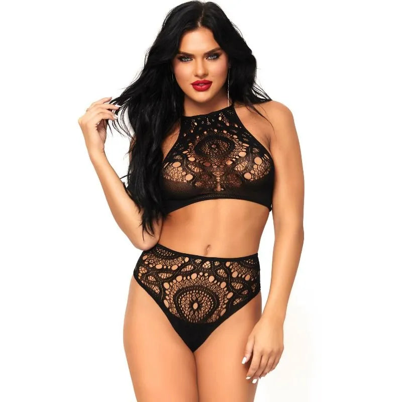 Ensemble lingerie noir crochet, haut court dos nu, taille haute, bretelles fines, élégant et sensuel, pour femme.