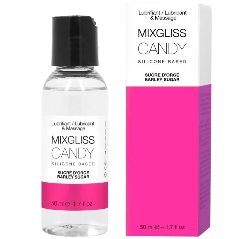 Lubrifiant silicone Mixgliss Candy 50ml parfum sucre d'orge lubrifiant et masseur 2en1 made in France transparent flacon noir bouchon clapet