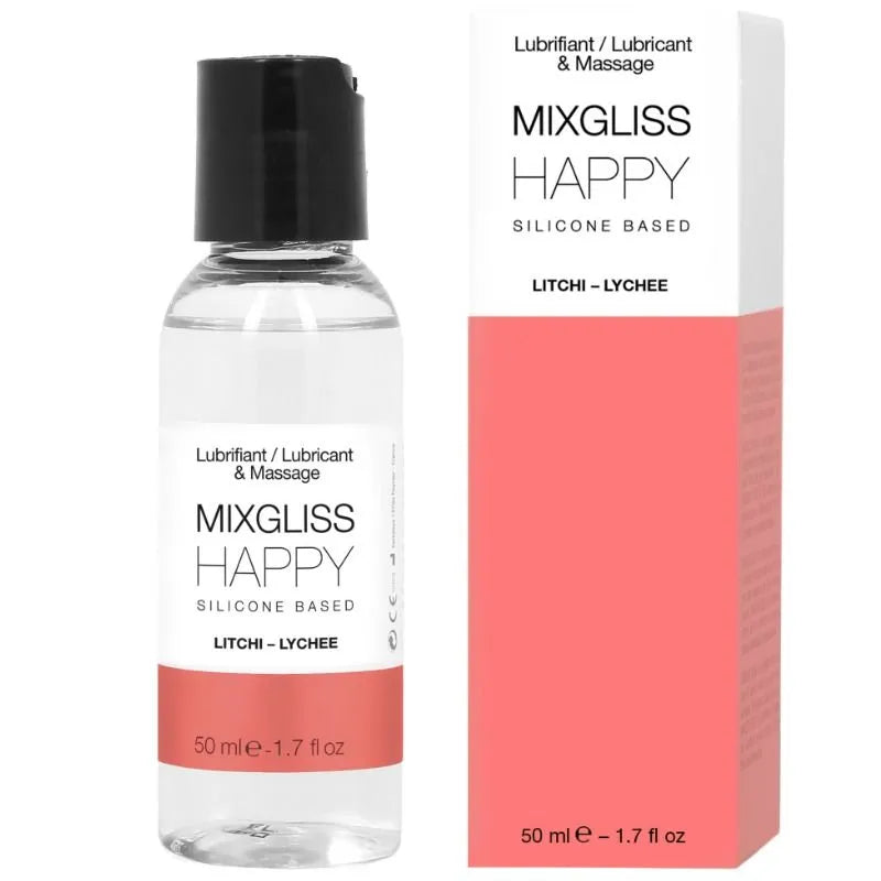 lubrifiant silicone Mixgliss litchi 50ml texture soyeuse durable parfumée fruitée non gras flacon transparent bouchon clapet minimaliste discret