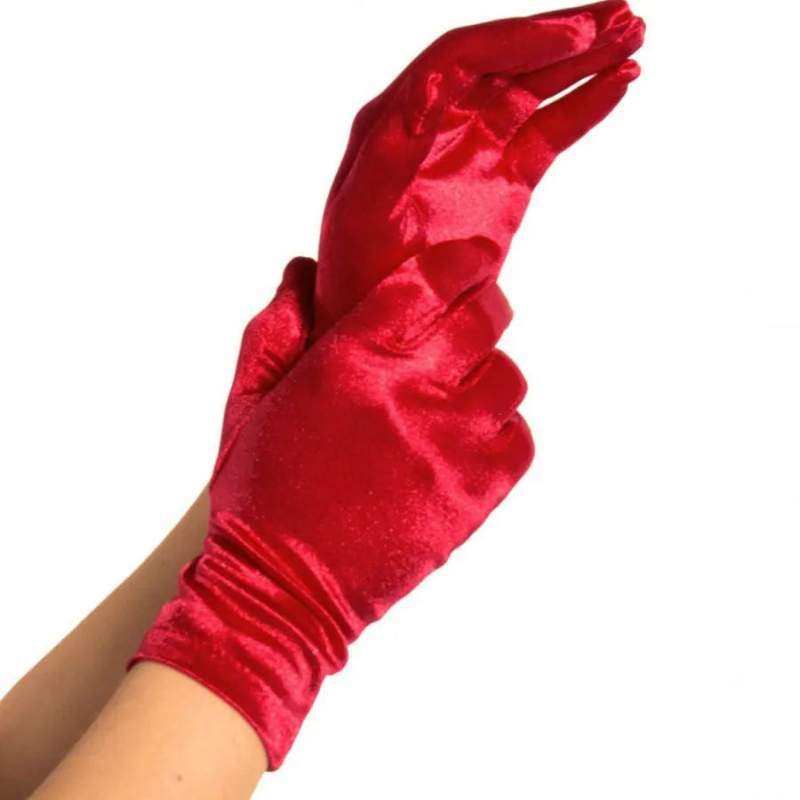 gants satin rouge courts élastiques effet brillant mariage cérémonie élégance glamour confort extensible lustré taille unique polyamide élasthanne