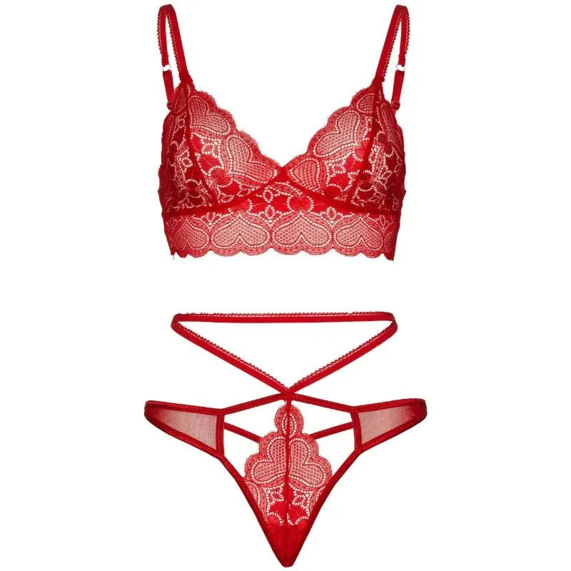 Ensemble lingerie dentelle rouge, bralette et string découpé, bretelles fines, style élégant et sensuel, taille M L.