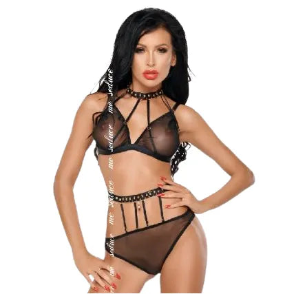 lingerie érotique noire tulle translucide deux pièces audacieuse sensuelle élégante délicate ornements caoutchouc anneaux dorés extensible confortable polyester élasthanne sculptante