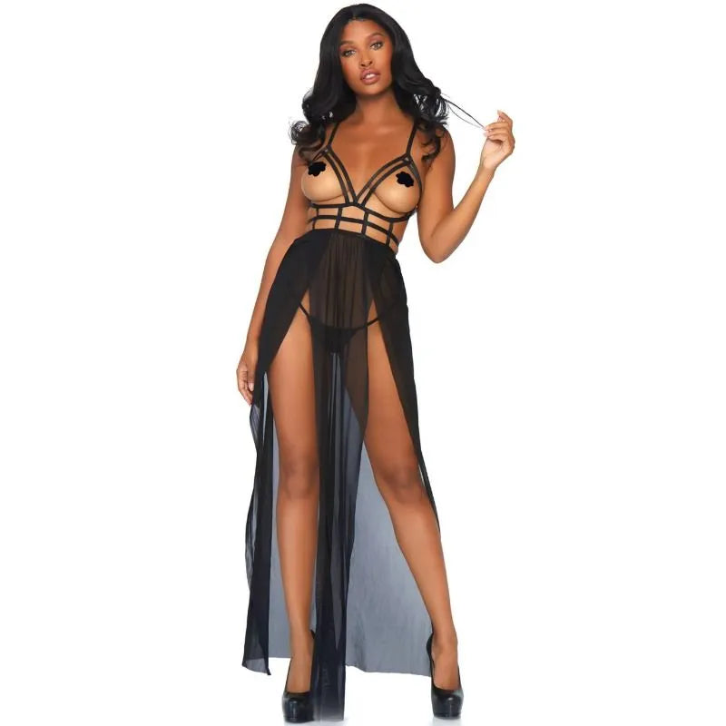 Robe longue noire corsage ouvert bretelles cage string Leg Avenue