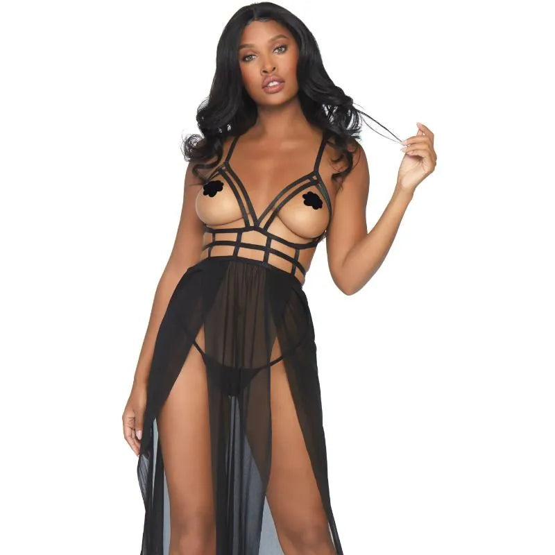 Robe longue noire corsage ouvert bretelles cage string Leg Avenue