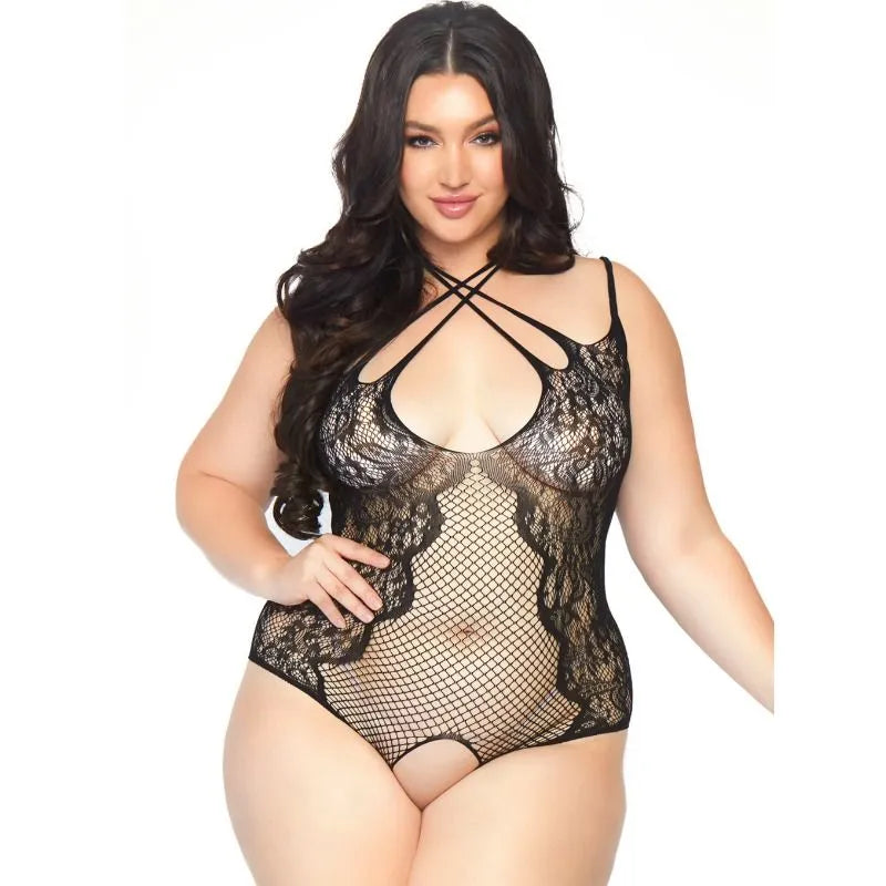 Teddy noir sans entrejambe en filet dentelle dos nu grande taille 1X-2X