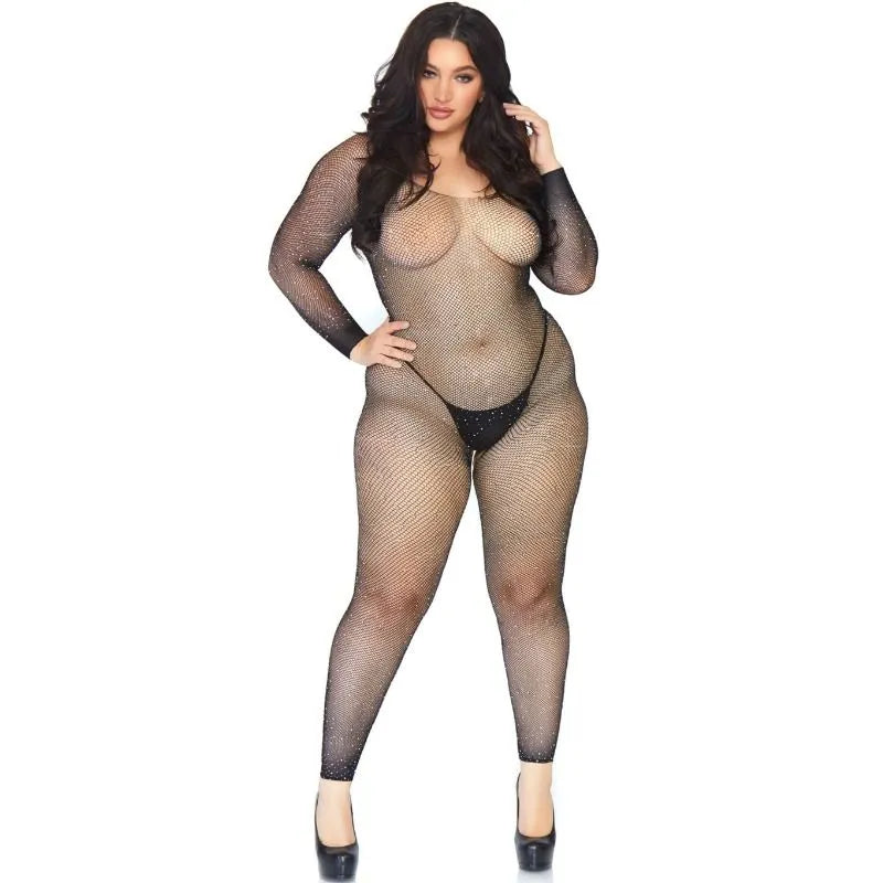 combinaison résille manches longues cristallisée noire grandes tailles sans couture extensible sculptante confortable polyamide élasthanne glamour