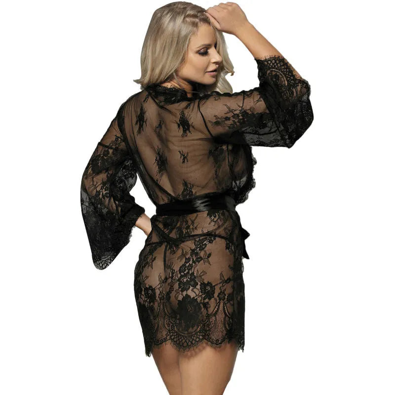 lingerie noire sensuelle dentelle transparente manches évasées string assortie coupe exclusive élégante séduction glamour luxueuse confort ajustée