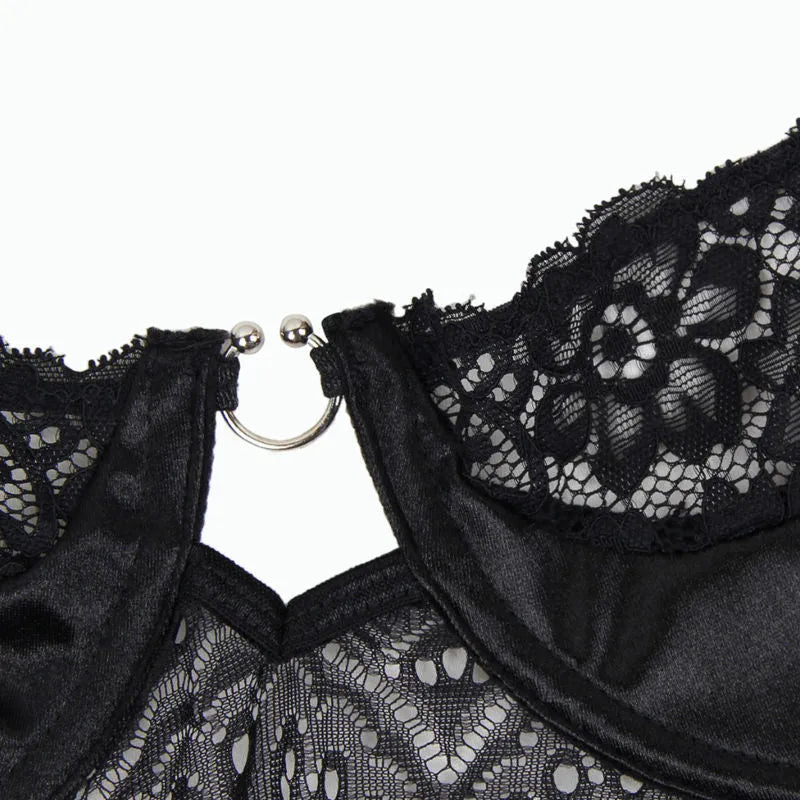 Corset noir sensuel Subblime, détails dorés et transparents, lacets ajustés, élégance et confort pour soirée intime.