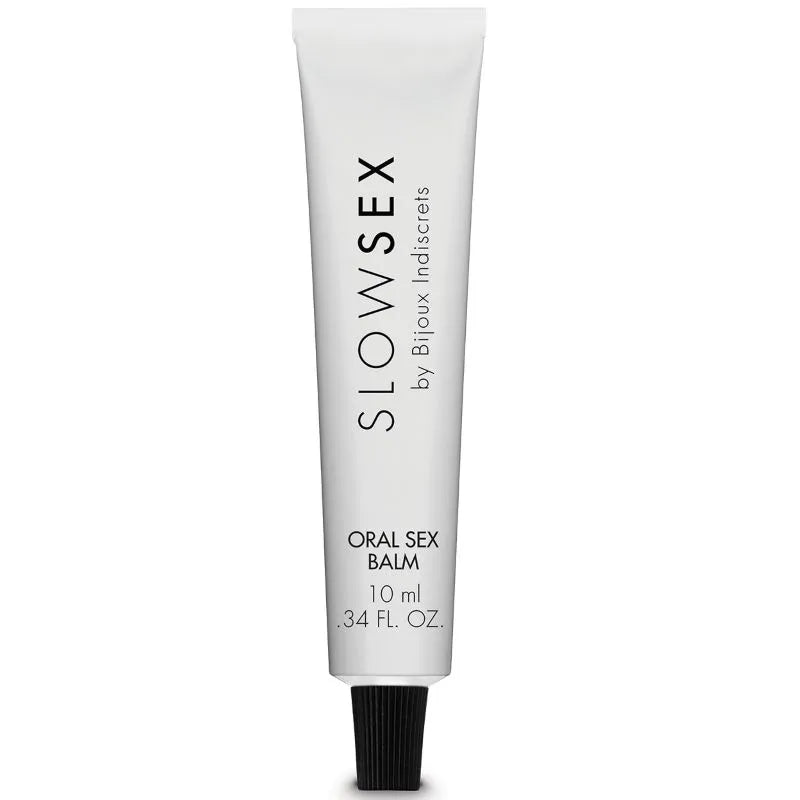 Baume oral sensuel Bijoux Slow Sex 10ml, tube blanc compact, bouchon noir, design raffiné pour plaisir intime.