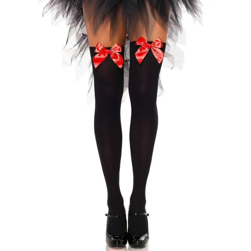 bas nylon mi cuisse nœud rouge féminin sexy glamour élégant satiné transparent extensible confortable douceur ajustement taille unique maintien séduisant