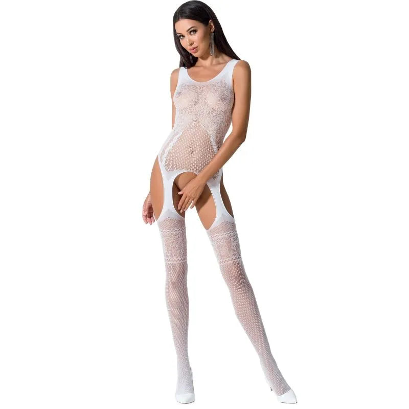 PASSION FEMME BS061 BODY DENTELLE RÉSILLE OUVERT ENTREJAMBE BLANC SEXY LINGERIE