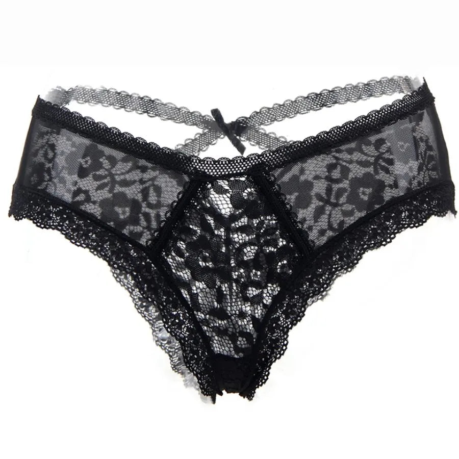 Culotte dentelle florale noire élégante, motifs délicats, taille S/M, en nylon élasthanne, style séduisant et raffiné.