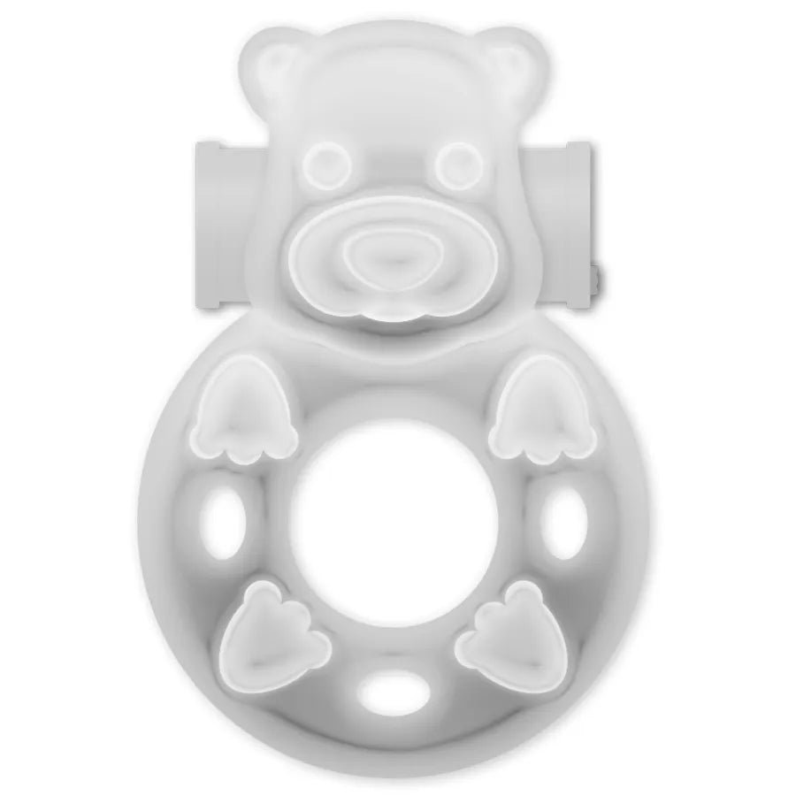 Anneau stimulateur clitoridien transparent en TPR, forme ergonomique, interrupteur intégré, pile incluse, design discret.