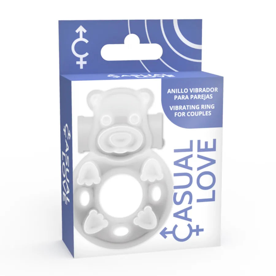 Anneau stimulateur clitoridien transparent TPR flexible, forme ergonomique, packaging bleu et blanc, pile incluse.