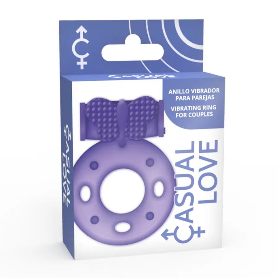Anneau vibrant violet en TPR flexible, texture douce, stimulation clitoridienne, emballage discret, pile incluse.
