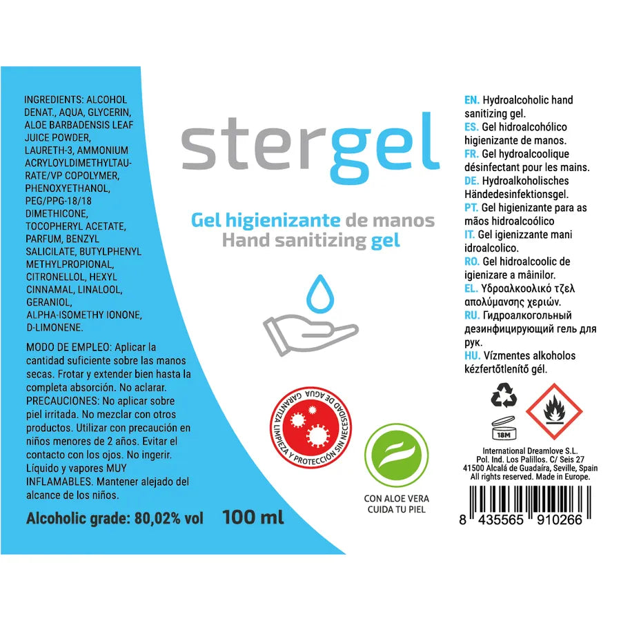 Gel désinfectant mains 100ml, aloe vera, hydratant, apaisant, norme EN1500/EN14476, format voyage, bouteille bleue et blan...
