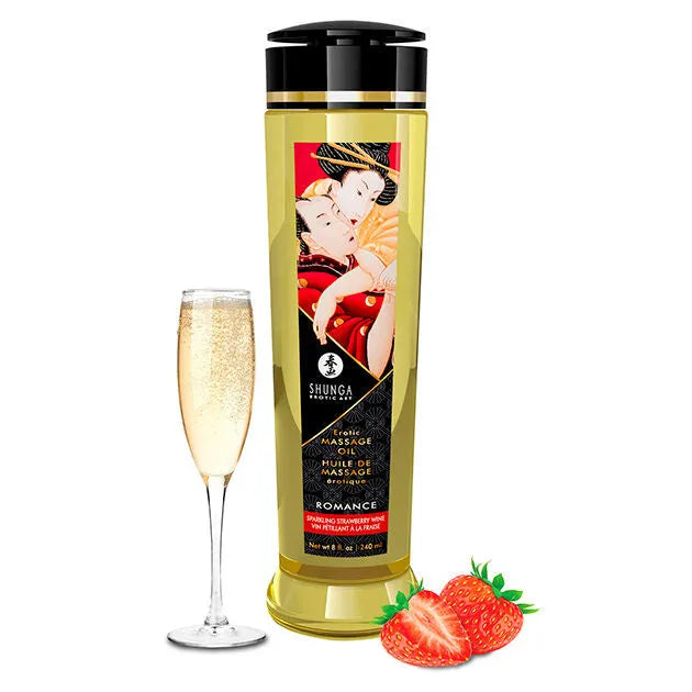 huile massage érotique Shunga 240ml parfum fraises cava ylangylang yohimbe amande douce pépins raisin sésame avocat texture soyeuse