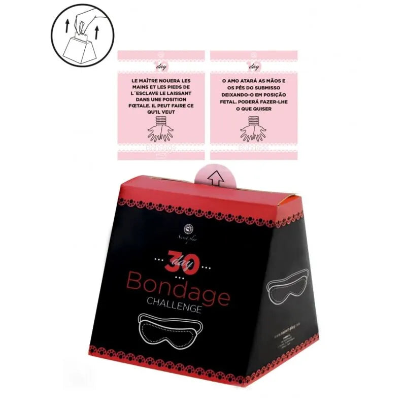 Boîte pyramidale noire et rouge du Challenge 30 Jours de Bondage Secretplay, design élégant, texte blanc et rose.
