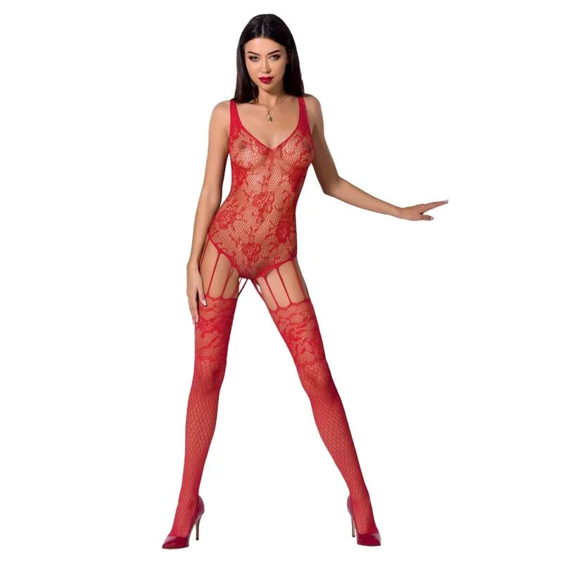 body résille rouge dentelle sexy ouverture entrejambe sensuelle élégante transparente ajustable extensible polyamide élasthanne fabrication européenne confort séduction