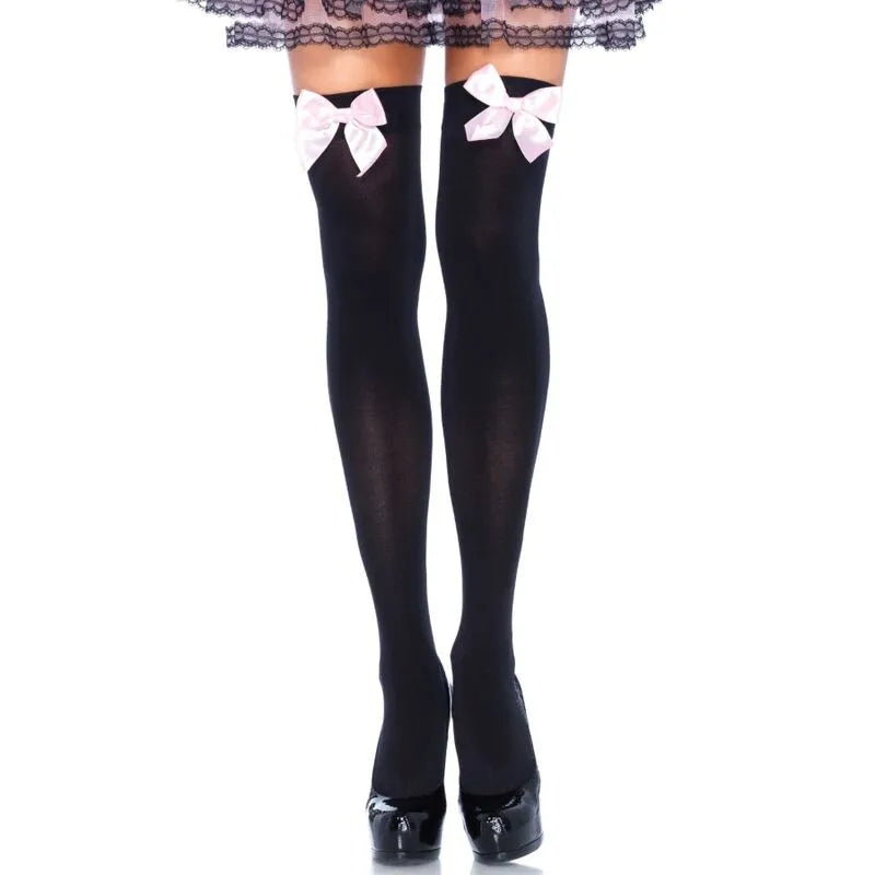 bas nylon cuissardes noir noeud rose taille unique extensible résistant doux toucher confortable sexy chic glamour élégant polyvalent soirée cadeau