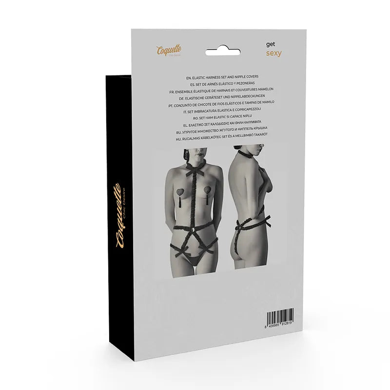 Harnais lingerie femme noir, style corset, élégant et ajustable, avec protège-tétons, pour silhouette sensuelle et chic.