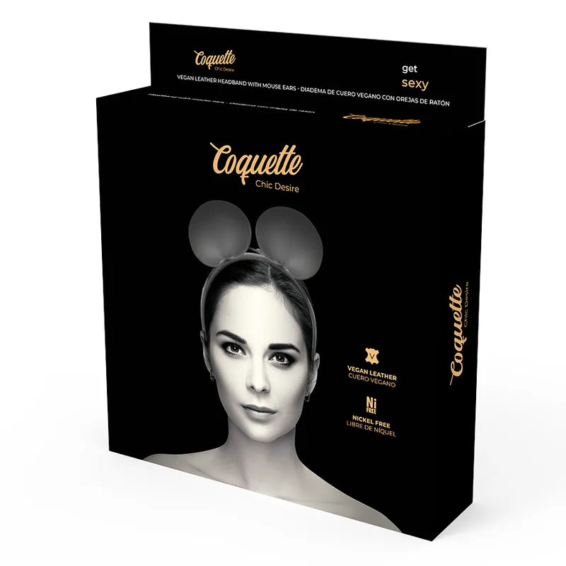 Bandeau oreilles souris en cuir végétalien noir, élégant et éthique, sur modèle, dans boîte Coquette Chic Desire.