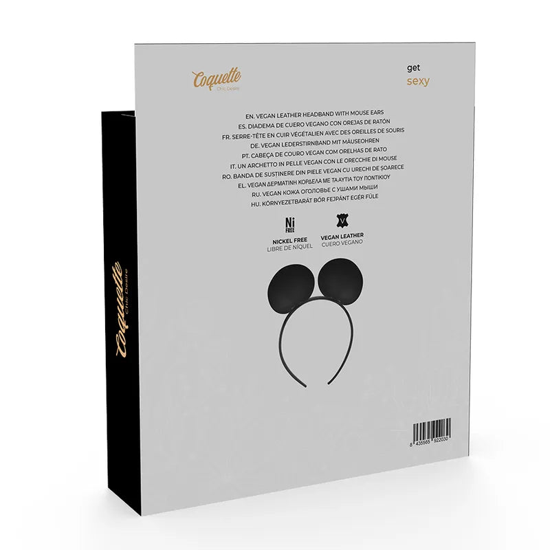 Bandeau oreilles souris noir en cuir végétalien, élégant et éthique, sur fond blanc avec logo Coquette Chic Desire.