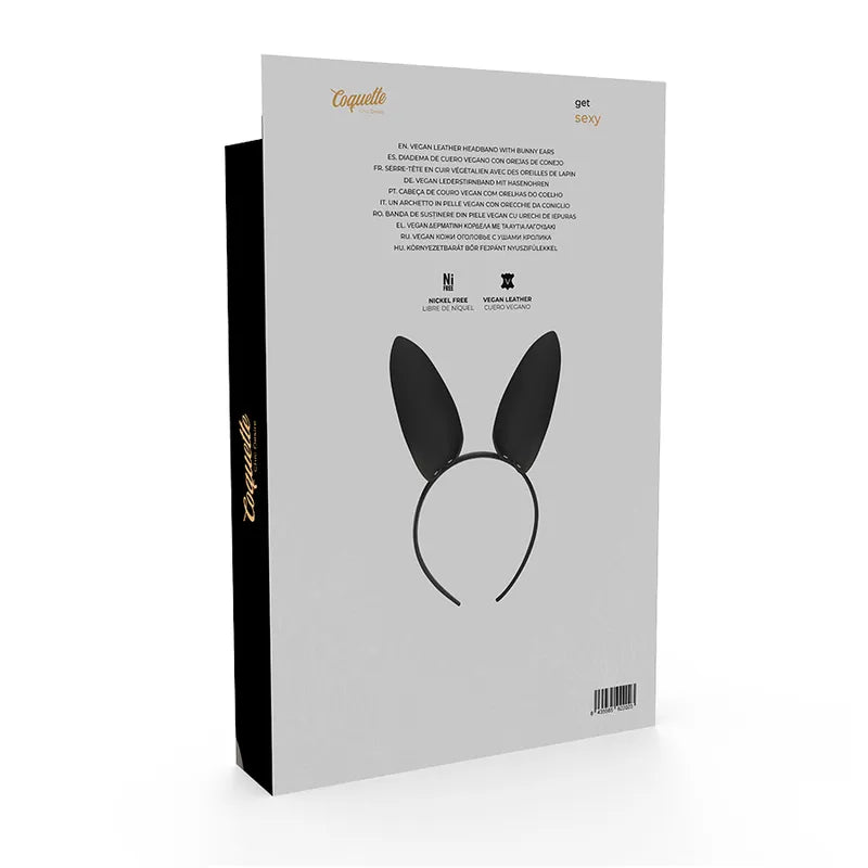 Bandeau oreilles lapin noir en cuir vegan luxe, élégant et ajustable, accessoire chic pour lingerie féminine sophistiquée.