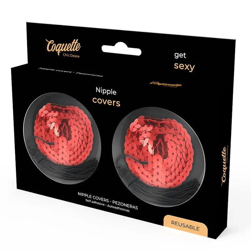 Cache-tétons rouges satinés Coquette Chic Désir, adhésifs réutilisables, glamour et sophistiqués, boîte noire élégante.