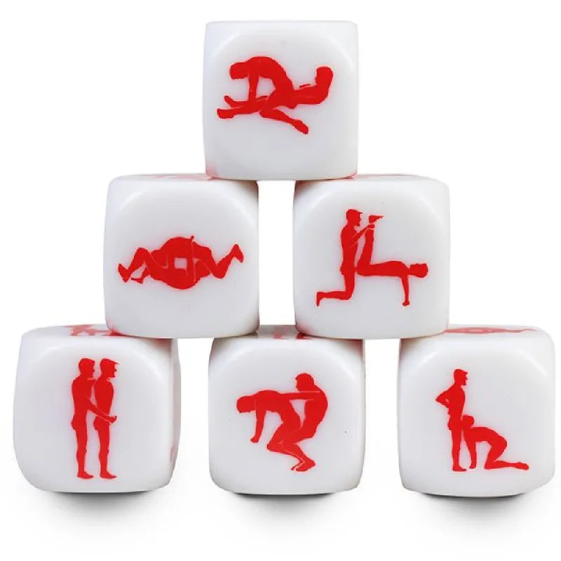 dés érotiques Kamasutra gay 25mm cubiques plastique blanc motifs rouges silhouettes relief six positions portables hygiéniques durables discrets intimes