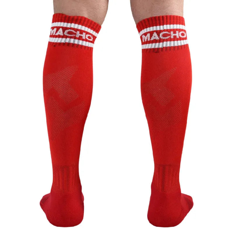 Chaussettes longues rouges homme style football, logo Macho, taille unique 38-43, confortables et élégantes.