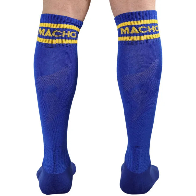 Chaussettes longues bleues style bas football, élastiques, avec bande jaune MACHO, tailles 38-43, confortables et élégantes.