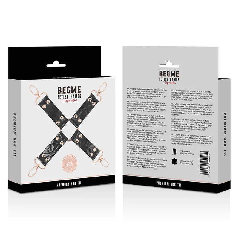 Cravate bondage en cuir végétalien noir, doublure néoprène, métal sans nickel, ajustable, sur fond blanc.